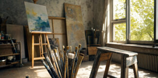 Künstleratelier mit Staffelei, Leinwänden und Malutensilien im warmen Tageslicht