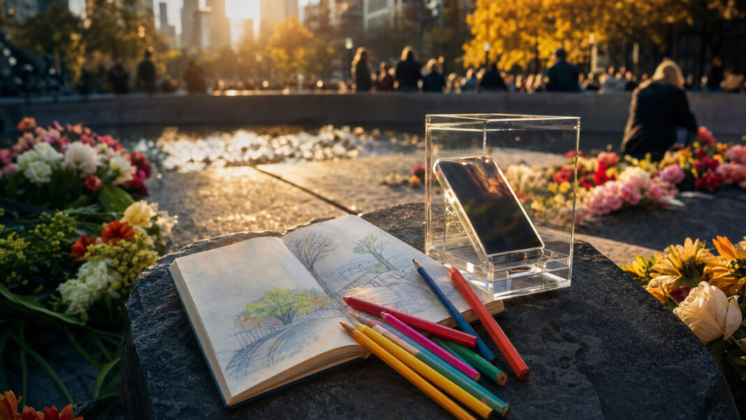 Buntstifte neben Skizzenbuch und Spenden-Display an einer Gedenkstätte im warmen Licht