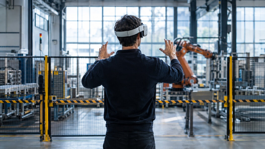 Gründer mit VR-Brille vor Testbereich in einer hellen Industriehalle