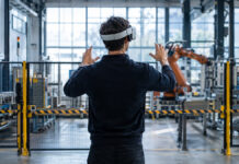 Virtual Reality in Deutschland: VR-Startups kämpfen sich durch Gründer mit VR-Brille vor Testbereich in einer hellen Industriehalle