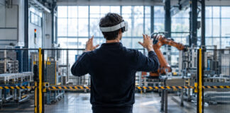 Gründer mit VR-Brille vor Testbereich in einer hellen Industriehalle