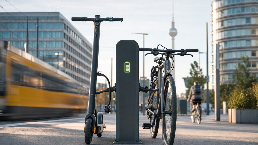 E-Scooter und Fahrrad an einer urbanen Mobilitätsstation im Morgenlicht