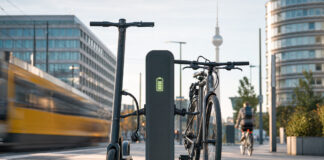 E-Scooter und Fahrrad an einer urbanen Mobilitätsstation im Morgenlicht