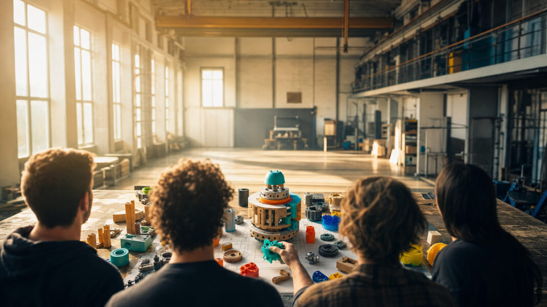 Von hinten zu sehende Gründer setzen aus Prototypen-Teilen eine neue Idee zusammen.