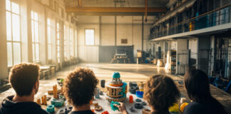Von hinten zu sehende Gründer setzen aus Prototypen-Teilen eine neue Idee zusammen.