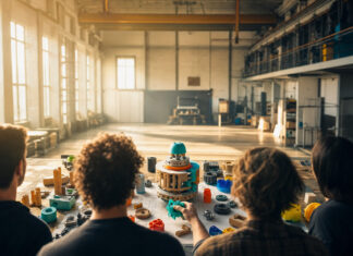 Von hinten zu sehende Gründer setzen aus Prototypen-Teilen eine neue Idee zusammen.