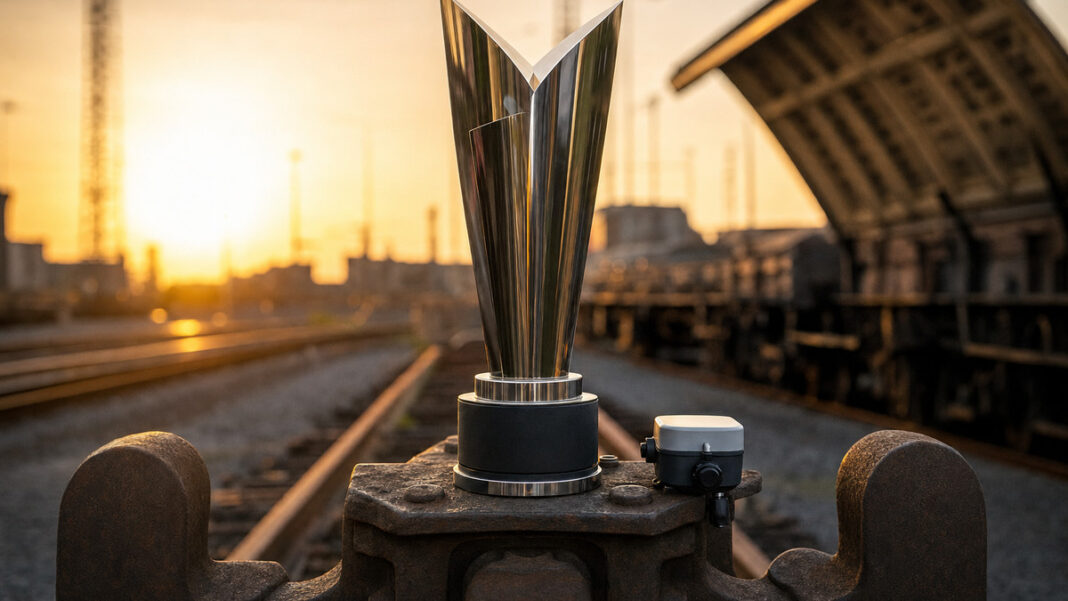 Unternehmerhelden Award am Gleis Award-Pokal auf Eisenbahnkupplung mit IoT-Sensor im Gleisbereich, warmes Licht