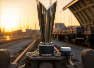 Award-Pokal auf Eisenbahnkupplung mit IoT-Sensor im Gleisbereich, warmes Licht
