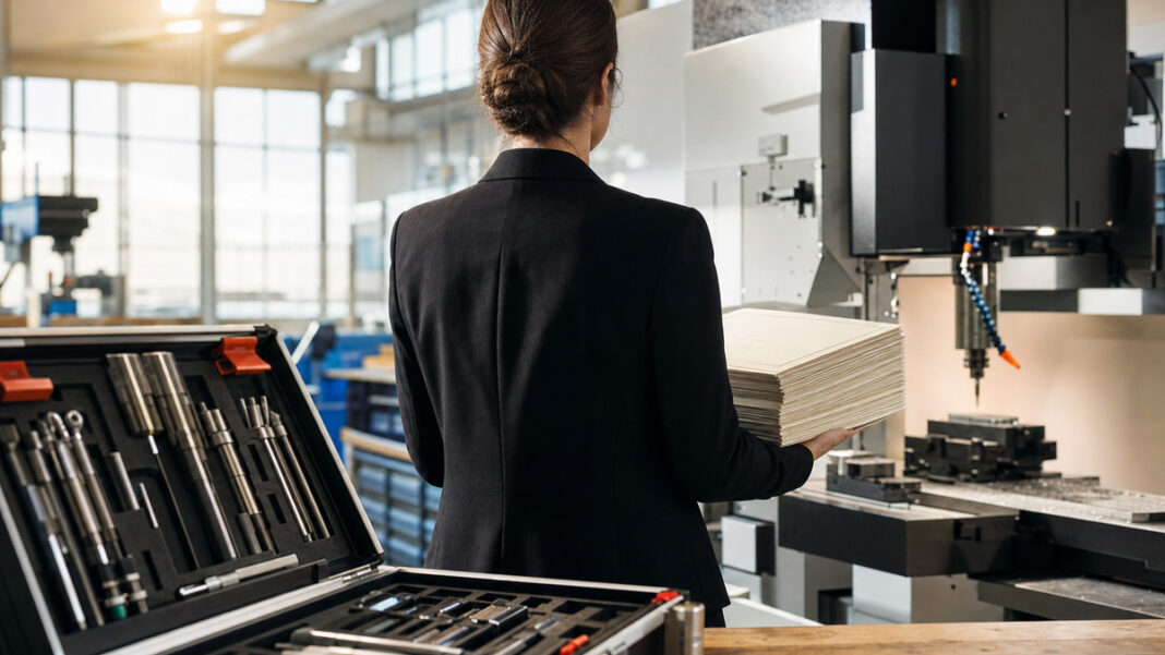 Unternehmerin von hinten in einer Werkstatt mit Zertifikatspaket und Fräsmaschine im Tageslicht