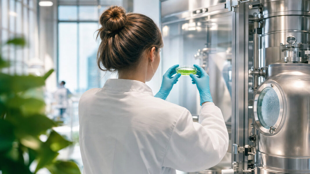 Health-Startup Labor Gründerin von hinten prüft eine Zellkultur-Schale im hellen Startup-Labor.