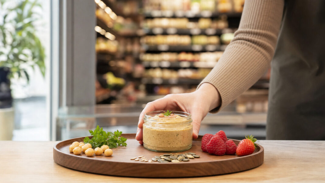 Hand platziert ein Glas mit neuem Aufstrich auf einer Probierstation im Supermarkt.
