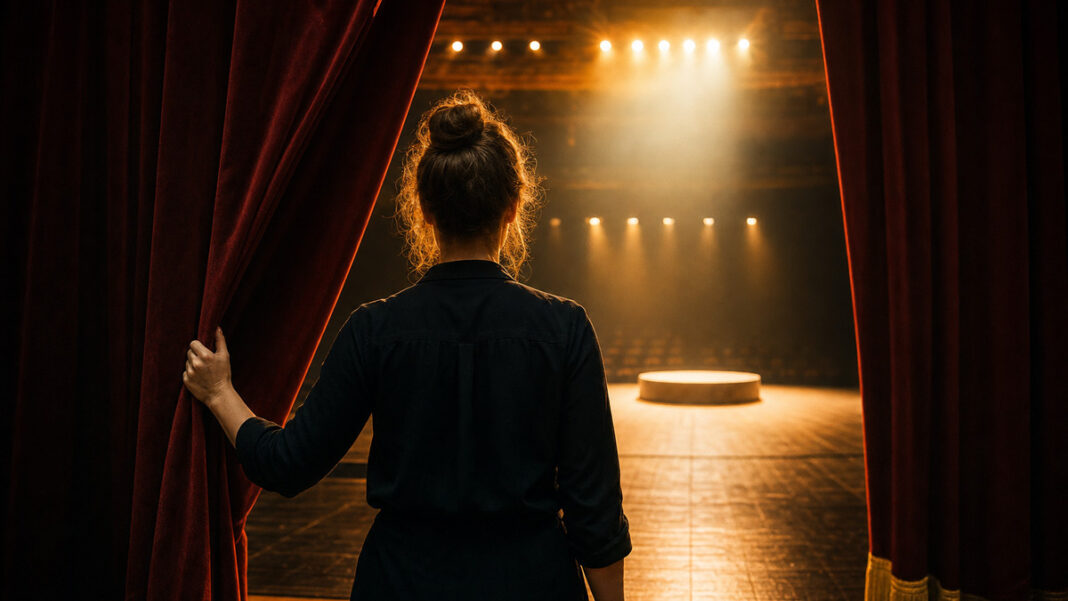 Kultur- und Kreativpiloten: Vorhang auf Person von hinten zieht einen roten Vorhang auf einer Theaterbühne zur Seite, dahinter ein helles Podest.