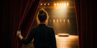 Person von hinten zieht einen roten Vorhang auf einer Theaterbühne zur Seite, dahinter ein helles Podest.
