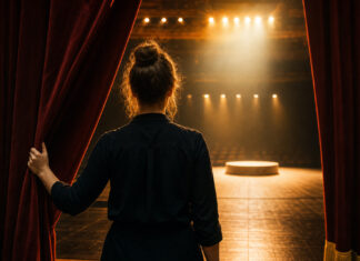 Person von hinten zieht einen roten Vorhang auf einer Theaterbühne zur Seite, dahinter ein helles Podest.