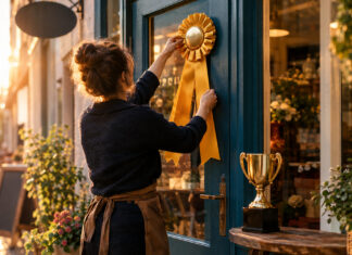 Person von hinten hängt ein Preisband an eine Ladentür neben einer goldenen Trophäe.
