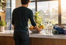 Gründer stellt in einer hellen Firmenküche Obst, Wasser und Yogamatten für gesundes Arbeiten bereit.