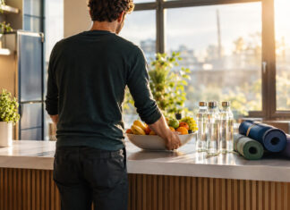 Gründer stellt in einer hellen Firmenküche Obst, Wasser und Yogamatten für gesundes Arbeiten bereit.