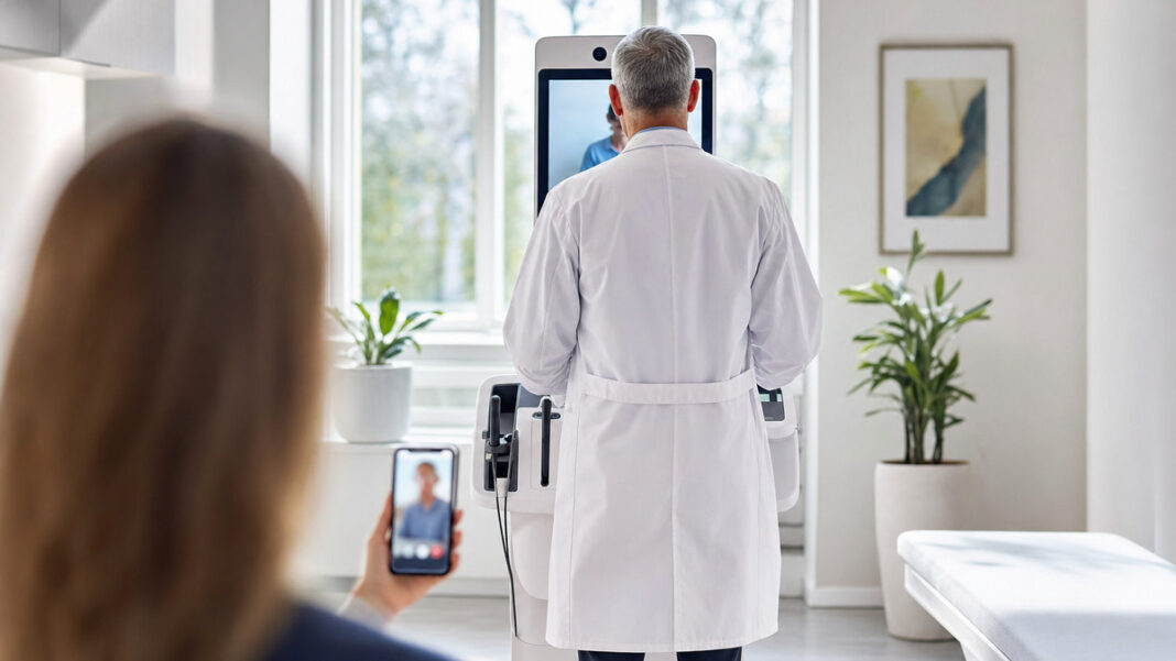 Arzt in Praxis mit Telemedizin-Terminal, Patientin per Smartphone zugeschaltet