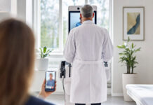 4 innovative Apps der Telemedizin Arzt in Praxis mit Telemedizin-Terminal, Patientin per Smartphone zugeschaltet