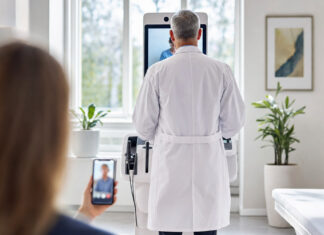 Arzt in Praxis mit Telemedizin-Terminal, Patientin per Smartphone zugeschaltet