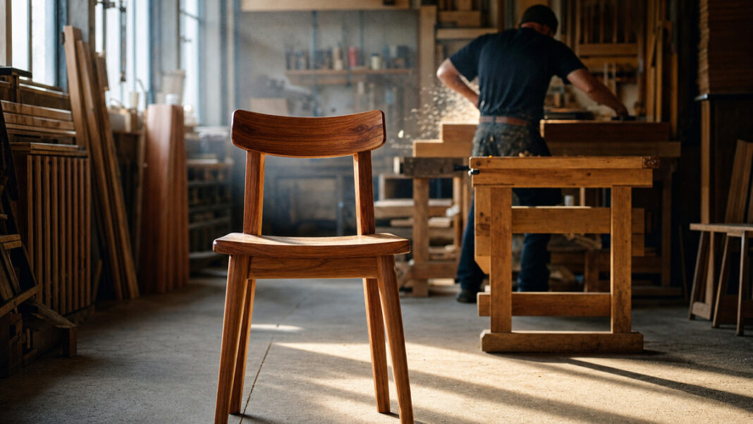 Schreiner fügt in heller Werkstatt zwei Holzmöbelteile zusammen, ein Stuhl steht im Vordergrund.