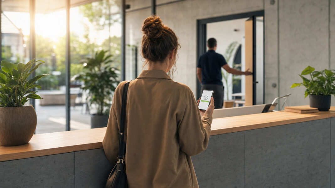 FinTechs erleichtern die Gründung Person von hinten am Empfangstresen im Gründungszentrum mit Smartphone, warmes Tageslicht