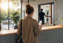 FinTechs erleichtern die Unternehmensgründung in Deutschland Person von hinten am Empfangstresen im Gründungszentrum mit Smartphone, warmes Tageslicht