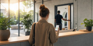 Person von hinten am Empfangstresen im Gründungszentrum mit Smartphone, warmes Tageslicht