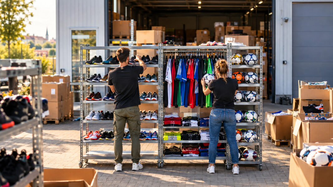 Gründerpaar sortiert Sportwaren vor einem Outlet-Lager bei warmem Tageslicht.