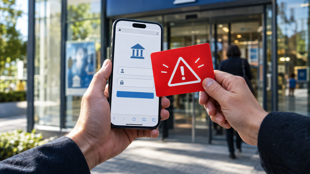 Phishing-Abwehr vor der Bank Hände vor einer Bankfiliale mit Smartphone und Warnkarte gegen eine gefälschte Login-Seite