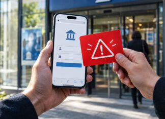 Hände vor einer Bankfiliale mit Smartphone und Warnkarte gegen eine gefälschte Login-Seite