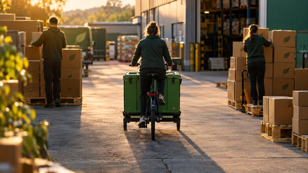 Nachhaltige Logistik im Lagerhof Lastenrad mit grüner Transportkiste vor Lagerhof, zwei Personen stapeln Versandboxen