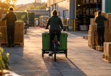 Logistik Startups – optimierte Nachhaltigkeit Lastenrad mit grüner Transportkiste vor Lagerhof, zwei Personen stapeln Versandboxen