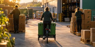 Lastenrad mit grüner Transportkiste vor Lagerhof, zwei Personen stapeln Versandboxen