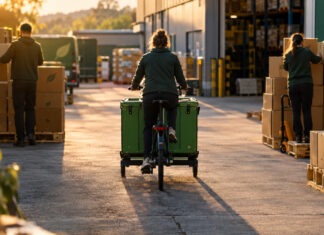 Lastenrad mit grüner Transportkiste vor Lagerhof, zwei Personen stapeln Versandboxen