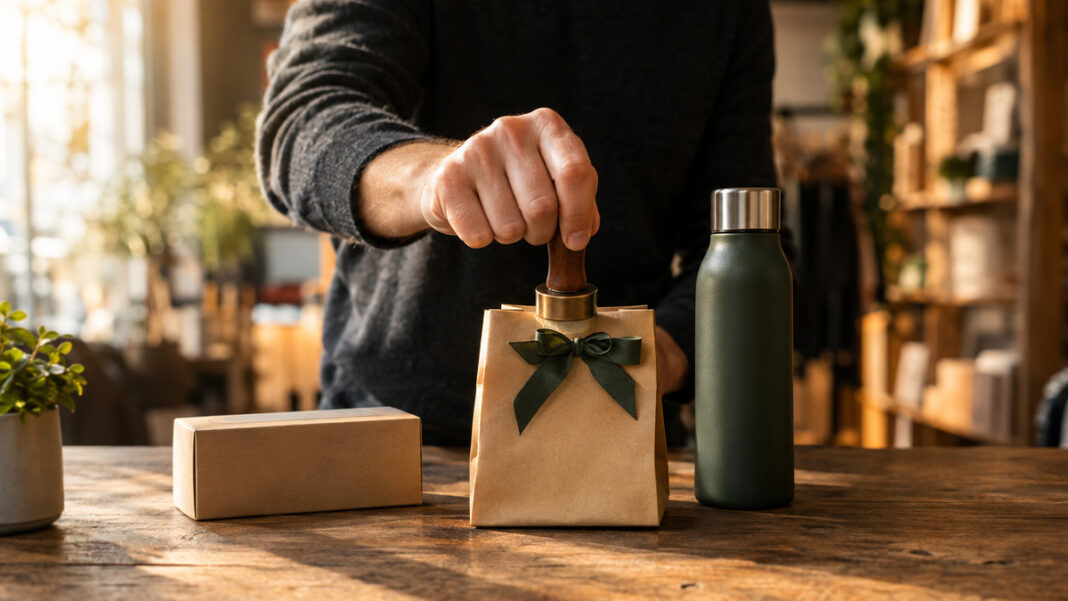 Firmenstempel und Werbegeschenk Hand mit Firmenstempel neben verpacktem Werbegeschenk im warmen Licht
