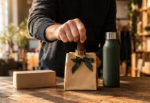 Firmenstempel, Werbegeschenke und Co? Die besten Möglichkeiten, dem Kunden im Gedächtnis zu bleiben Hand mit Firmenstempel neben verpacktem Werbegeschenk im warmen Licht