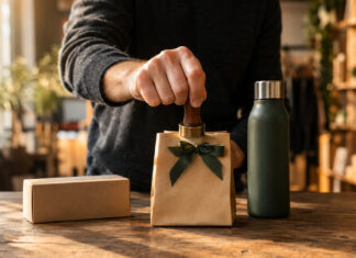 Hand mit Firmenstempel neben verpacktem Werbegeschenk im warmen Licht