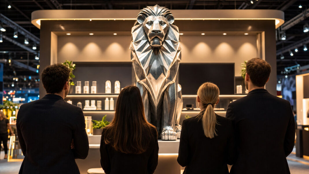 DHDL und DMEXCO@home Metall-Löwe am Messestand, daneben ein Gründerteam von hinten im warmen Messelicht