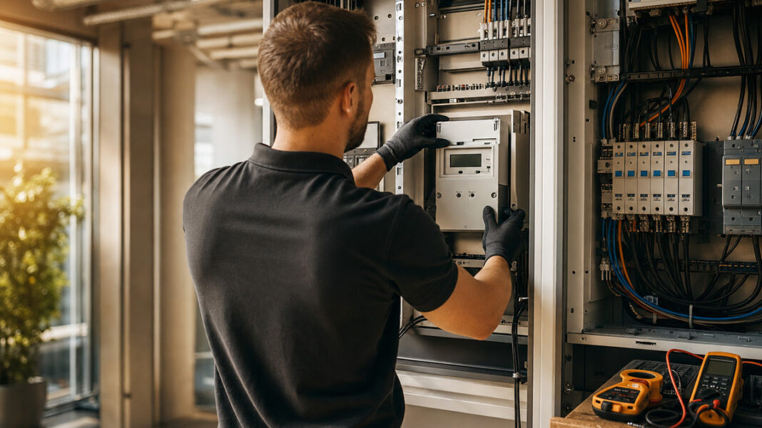 Techniker installiert einen intelligenten Stromzähler im Technikraum bei natürlichem Licht.