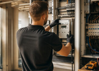 Techniker installiert einen intelligenten Stromzähler im Technikraum bei natürlichem Licht.