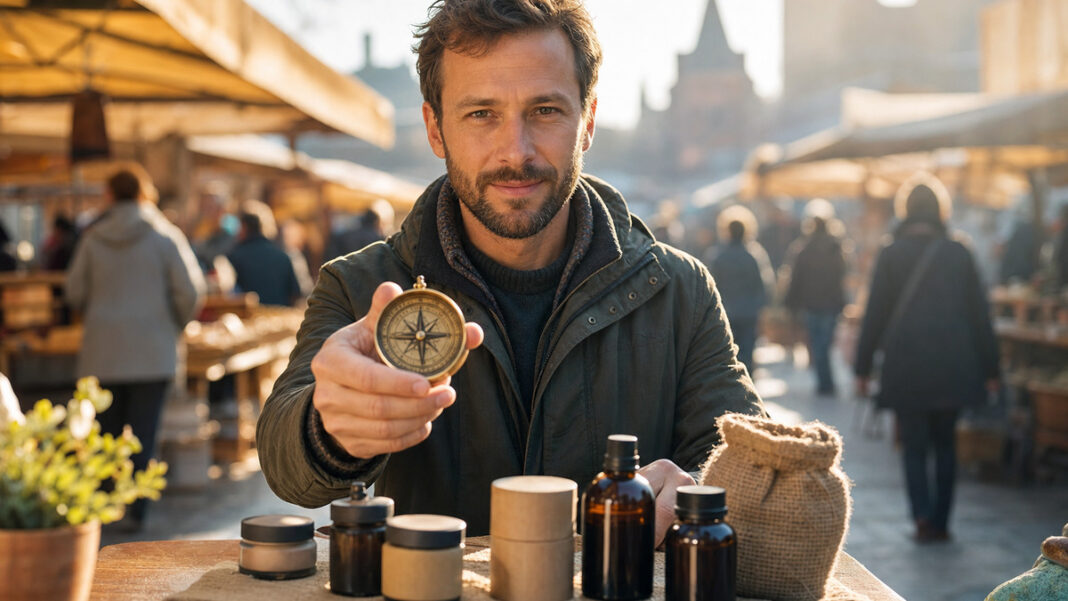 Gründer mit Kompass vor Produktproben auf einem Marktplatz im Morgenlicht