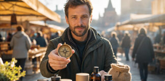 Gründer mit Kompass vor Produktproben auf einem Marktplatz im Morgenlicht