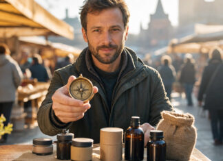 Gründer mit Kompass vor Produktproben auf einem Marktplatz im Morgenlicht