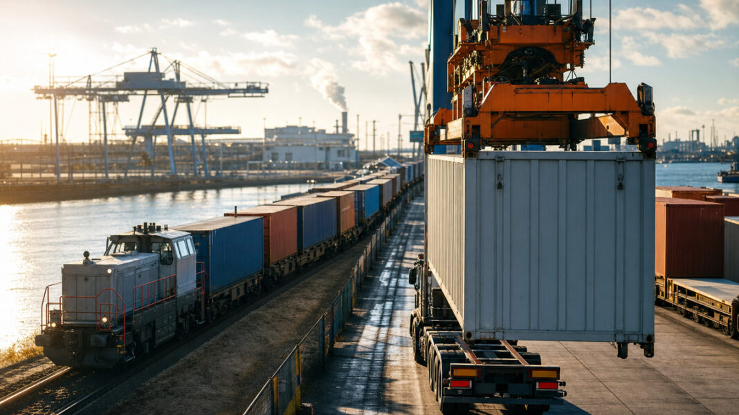 Güterzug und Containerumschlag im Hafen bei klarem Herbstlicht