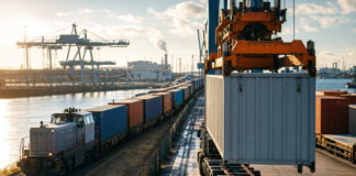 Güterzug und Containerumschlag im Hafen bei klarem Herbstlicht
