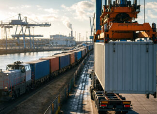 KW 42 | Goodman expandiert in Norddeutschland Güterzug und Containerumschlag im Hafen bei klarem Herbstlicht