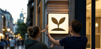 Zwei Gründer bringen ein Firmenschild an einer Altbaufassade an, Passanten im Hintergrund