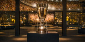Silberner TV-Pokal im Deutschen Fußballmuseum bei warmem Licht