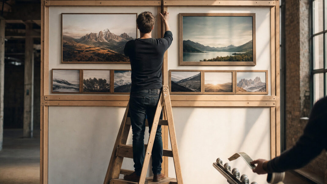 Website-Förderung für Startups Gründer vor einer aufgebauten Website-Wand mit Förderstempel bei warmem Tageslicht